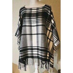 A New Day Womens Poncho One Size Fits Most Black/White Plaid Fringe Hem